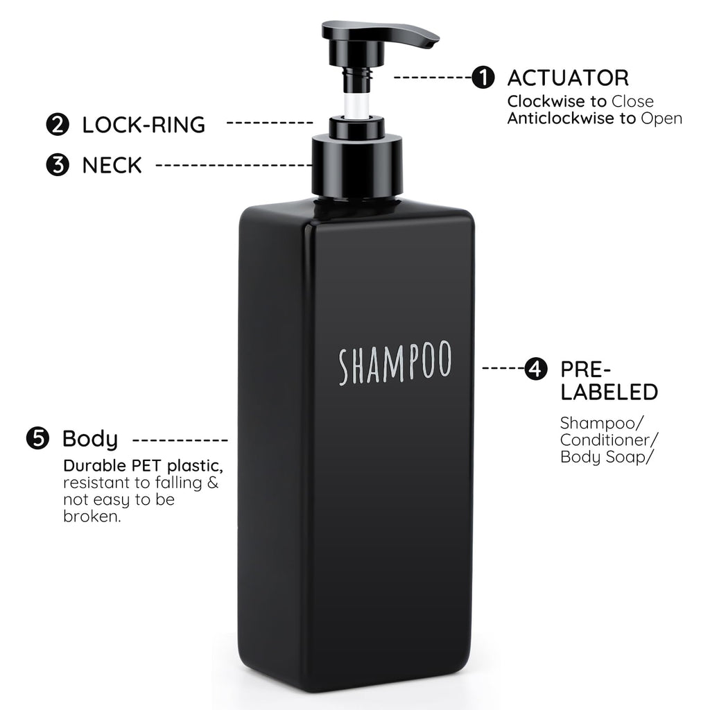 Segbeauty 6pcs 16.9oz Refillable Soap Dispenser Set, Empty Plastic Hand Soap Dispenser, 500ml Square Black Hand Wash Dispensers, Press Pump Shampoo and Conditioner Bottle for Shower Bathroom Kitchen