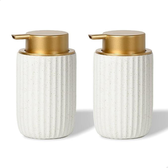 2 Pack Speckled Matte White Ceramic Foam Soap Dispenser, 12 oz Refillable Pump with Golden Top, Elegant Foaming Dispenser for Bathroom or Kitchen, Speckled White