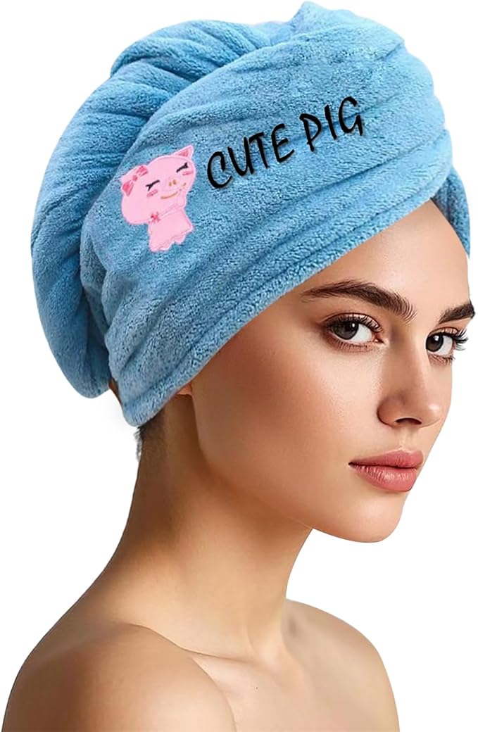 Microfiber Hair Drying Towel Wrap for Women, Hair Turbans Towel for Wet Hair,turbie Twist Hair Towels(The Color of the Picture is for Reference only) (Dark Blue with Cute Pig)