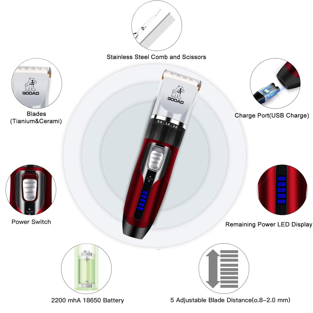 Gooad Dog Clippers Grooming Kit and Paw Trimmer,Cordless,Low Noise, Electric Quiet,Rechargeable, Dog Trimmer Grooming, Pet Hair Clippers for Thick Coats,Shaver for Small and Large Dogs Cats(Red)