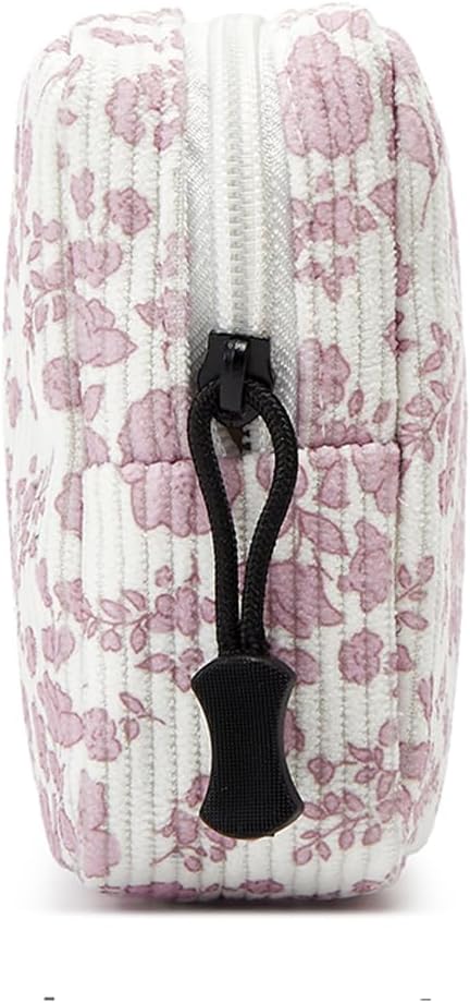 ZOEMTIU Small Makeup Bag for Purse,Mini Cosmetics Bag cute Zipper corduroy Cosmetic Pouch Storage Pouch Travel Toiletry Organizer for Women Girls(Plants Pink)