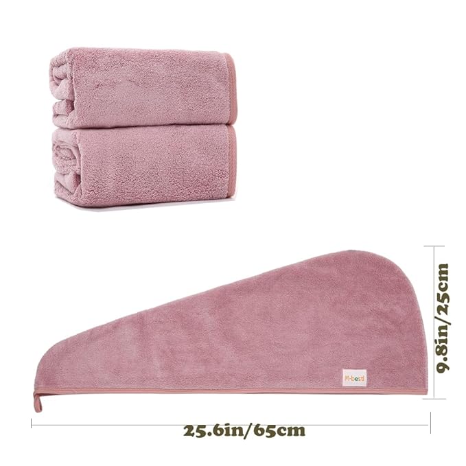 M-bestl 2 Pack Microfiber Hair Towel Wrap,Hair Drying Towel with Button Design,Head Towel to Dry Curly Hair Quickly (Bean Pink)