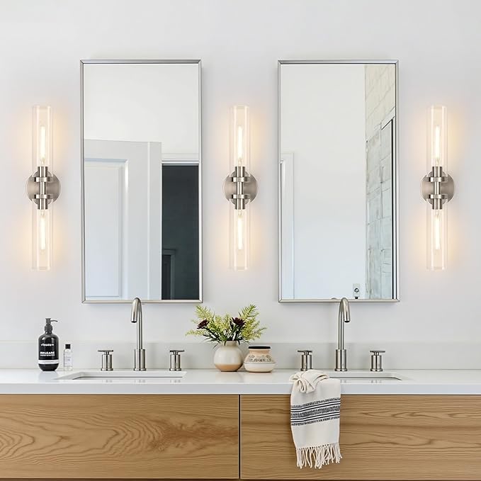 Brushed Nickel Wall Sconces, Hardwired Bathroom Sconces Vanity Light with Clear Glass, Modern Bathroom Vanity Lights fixtures for Mirror Bedroom Living Room Hallway Kitchen