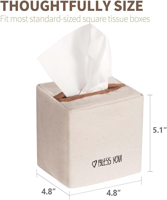Livelab Tissue Box Cover Square, Chic Canvas Tissue Box Holder with Embroidery Text Decor, Stylish Tissue Case Facial Paper Cube Cover for Your Home, Officce and Bathroom | Ivory
