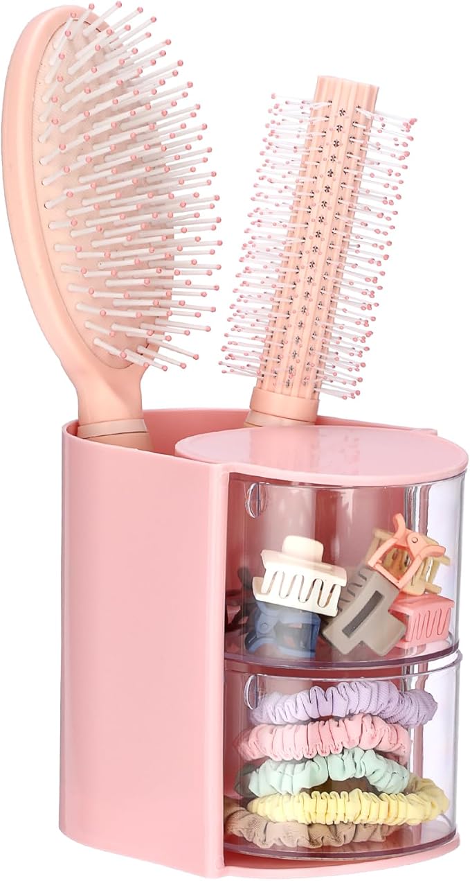 GUSHBIN Hair Accessories Organizer with Brush Holder Rotating Hair Clips Container Hair Organizer Storage Box for Bathroom Countertop, Pink
