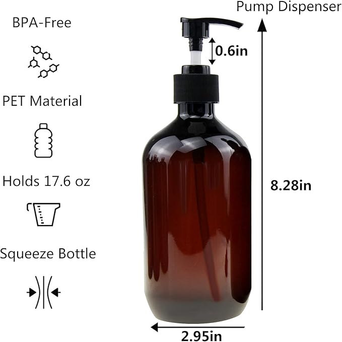 Empty Plastic Bottles with Pump Dispenser, 500ml/16.9oz (Amber, 6 Pack)