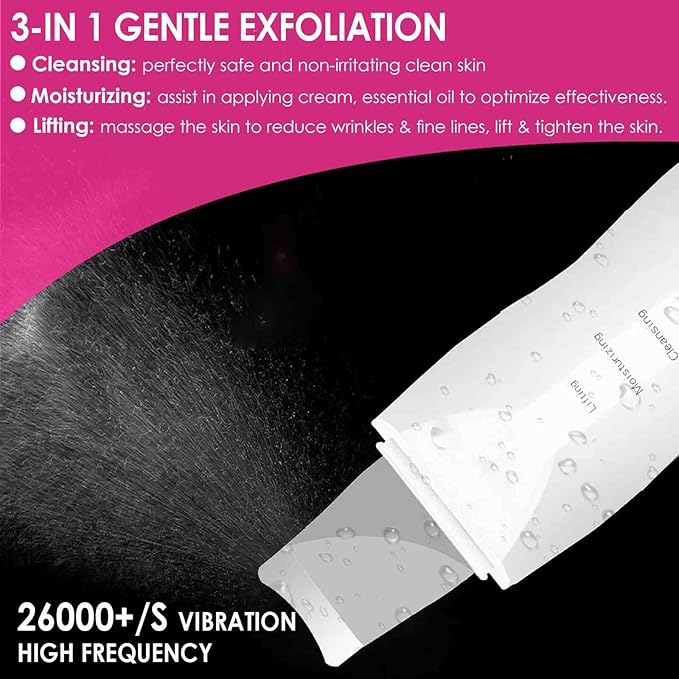 Face Scrubber, Skin Spatula, Facial Silicone Pore Cleaner, Rechargeable All Skin Types Waterproof Blackhead Remover Tools for Deep Cleansing, Exfoliating, 3 Modes Wireless, White