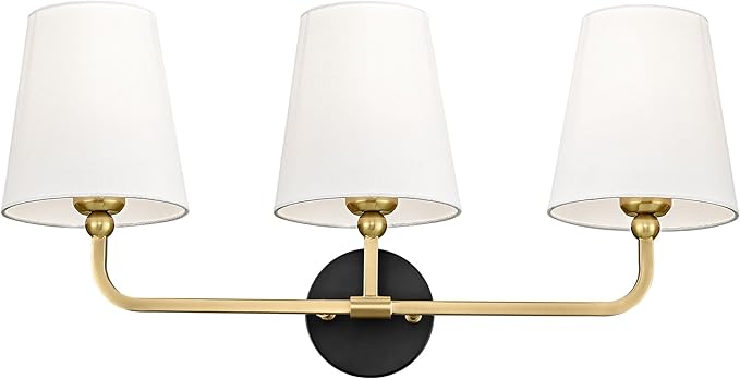 Bathroom Light Fixtures, Black and Gold Vanity Lights with Flared White Fabric Shade, 3-Light Wall Sconce, Modern Sconces Wall Lighting for Hallway Bedroom, VL837-KG-3