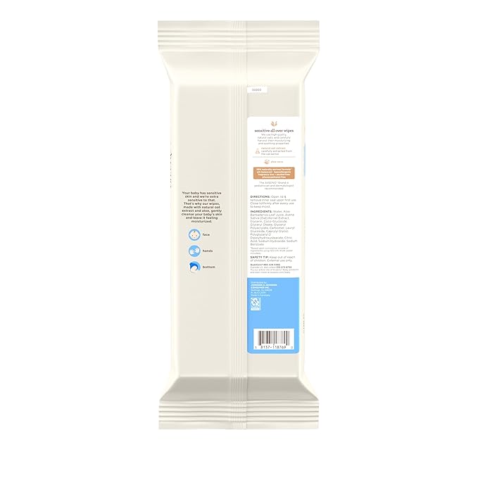 Aveeno Baby Sensitive All Over Wipes with Aloe & Natural Oat Extract for Face, Bottom, Hands & Body, pH-Balanced, Hypoallergenic, Fragrance-, Phenoxyethanol- & Alcohol-Free, 64 ct per pack