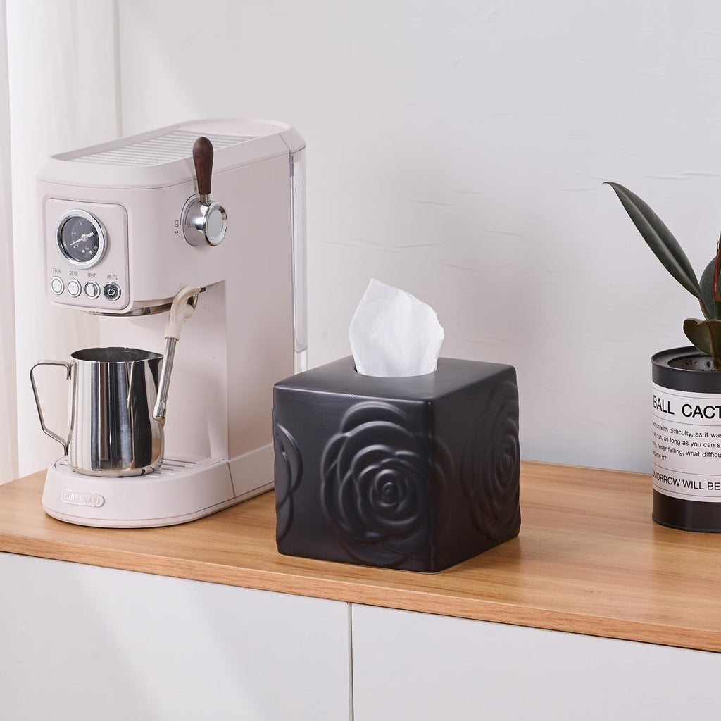 Black Ceramic Rose Tissue Box Cover, Carved Flowers Large Square Tissue Box Holder Decorative for Bathroom, Vanity, Kitchen Countertop, Bedroom Night Stands, Office Desk Top