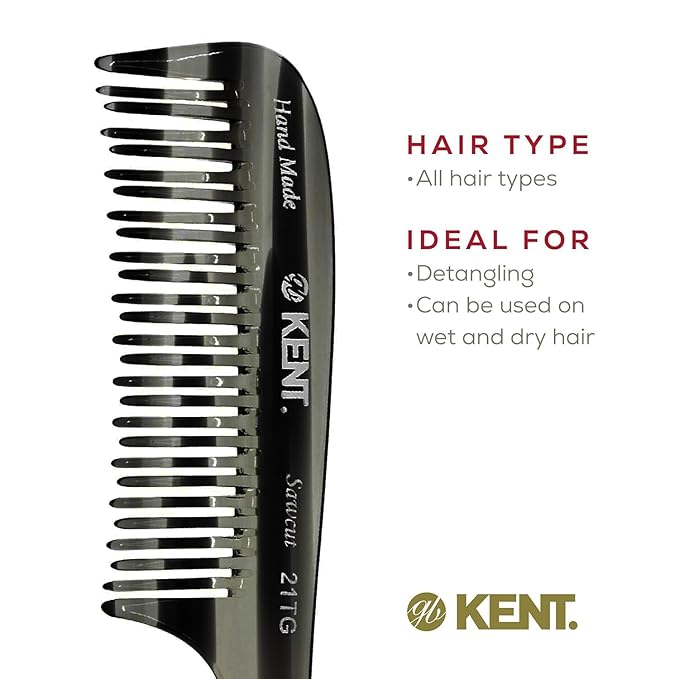 Kent 21T Graphite Large Detangling Comb, Double Wide Tooth for Curly Wavy Hair, Detangler Comb for Wet and Dry Hair, Saw-Cut and Hand Polished Made in England