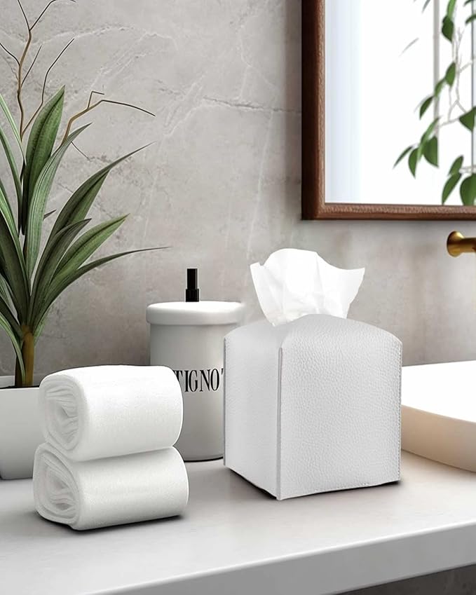 Tissues Cube Box Cover Leather – with Bottom Belt [JESMINI, Light Gray] Decorative Tissue Box Cover for Bathroom Vanity Countertop/Night Stands/Office Desk