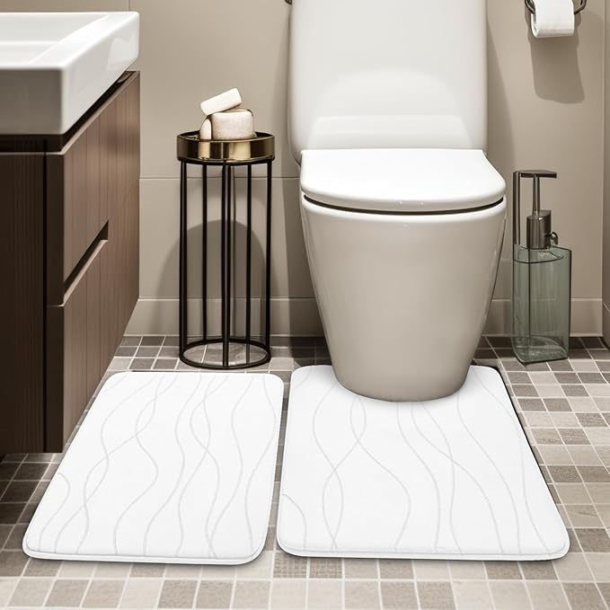 YIHOUSE Bathroom Rugs Set 2 Piece, Memory Foam Bath Mat White