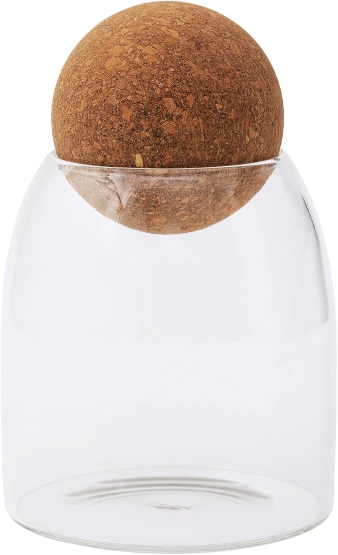 1 Pack 5.5 In Glass Storage Container, Ball Cork Jar Decorative Organizer, Cute Canister for Tip Change Sugar/Cotton Swab Holder