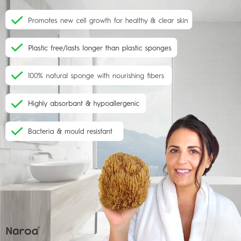 Naroa Exfoliating Natural Sponge for Shower | Bath Sea Loofah for Healthy Skin | Unbleached Bathing Body Scrubber Puff | Plastic Free (Medium)