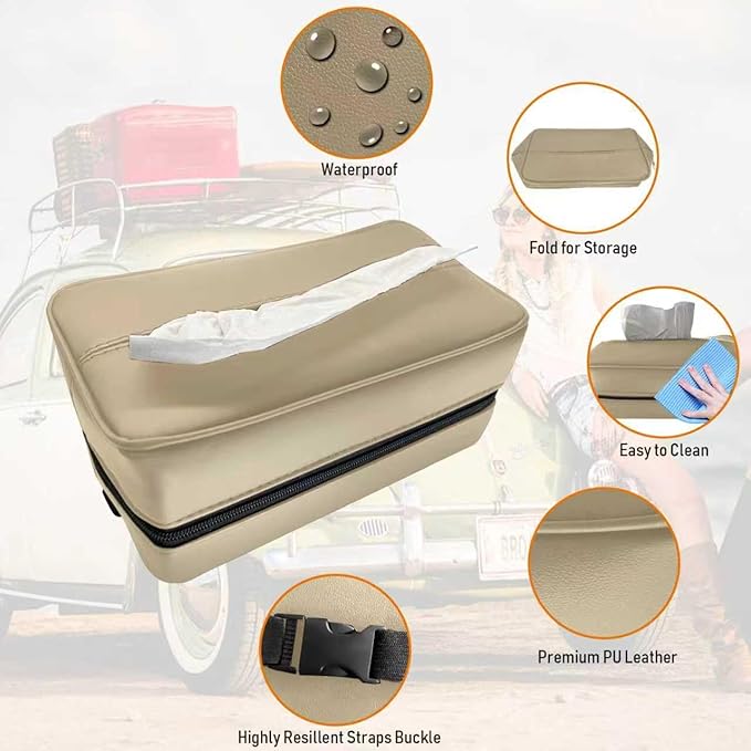 Large Car Tissue Holder for 120 Standard Tissues, Premium PU Leather Tissue Holder in Car Backseat Rectangular, Napkin Holder for Car Fits for Kleenex Tissues Box Daily Use Black (2, Beige)