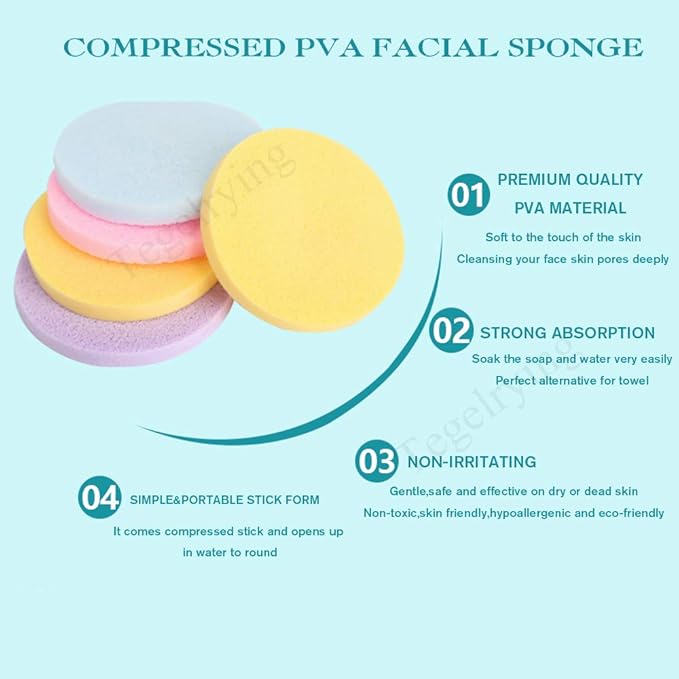 Facial Sponge Compressed,120 Count PVA Professional Makeup Removal Round Face Wash Sponges Spa Pads Exfoliating Cleansing for Women,Yellow,Pink,Purple,Blue