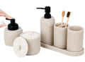 Beige Bathroom Accessory Set - 6 Pcs: Toothbrush Holder, Lotion & Foaming Soap Dispensers, Qtip Holder, Vanity Tray, Bathroom Tumbler - Countertop Organizer