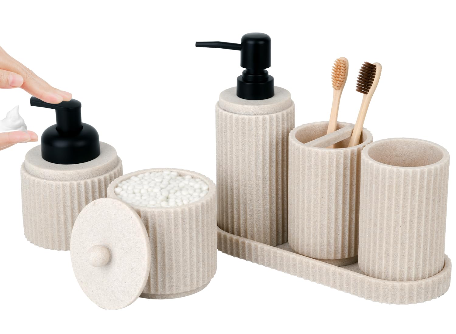 Beige Bathroom Accessory Set - 6 Pcs: Toothbrush Holder, Lotion & Foaming Soap Dispensers, Qtip Holder, Vanity Tray, Bathroom Tumbler - Countertop Organizer