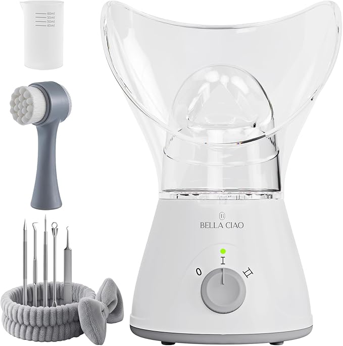 Bella Ciao Face Steamer - Facial Steamer, 11-Piece Home Spa Kit, Nano Ionic Warm Mist, Skin Prep for Serums & Masks, Spa Day Essentials, Facial Kit, Pink White, Corded Electric