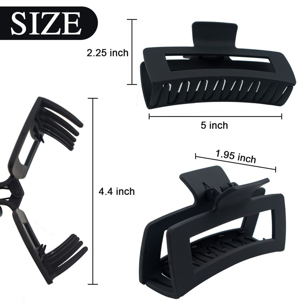 Extra Large Hair Claw Clips for Women, 5 Inch Hair Clips for Thick and Long Hair, 90's Non-slip Square Jaw Clips for Curly Hair, Strong Hold Bright Hair Clamps (Black, Tortoise)