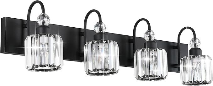 Ralbay Modern Black Vanity Light - 4-Light Crystal Bathroom Wall Light Fixtures in Matte Black