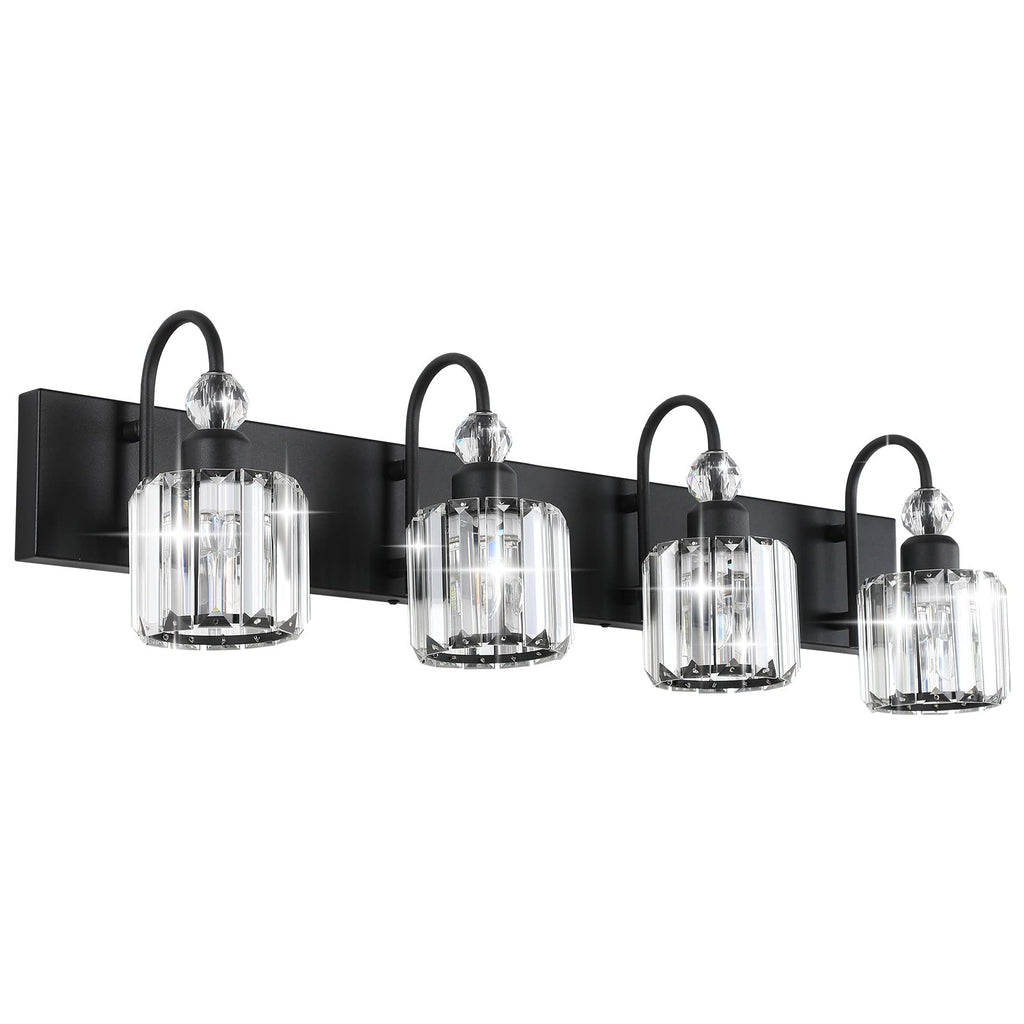 Ralbay Modern Black Vanity Light - 4-Light Crystal Bathroom Wall Light Fixtures in Matte Black