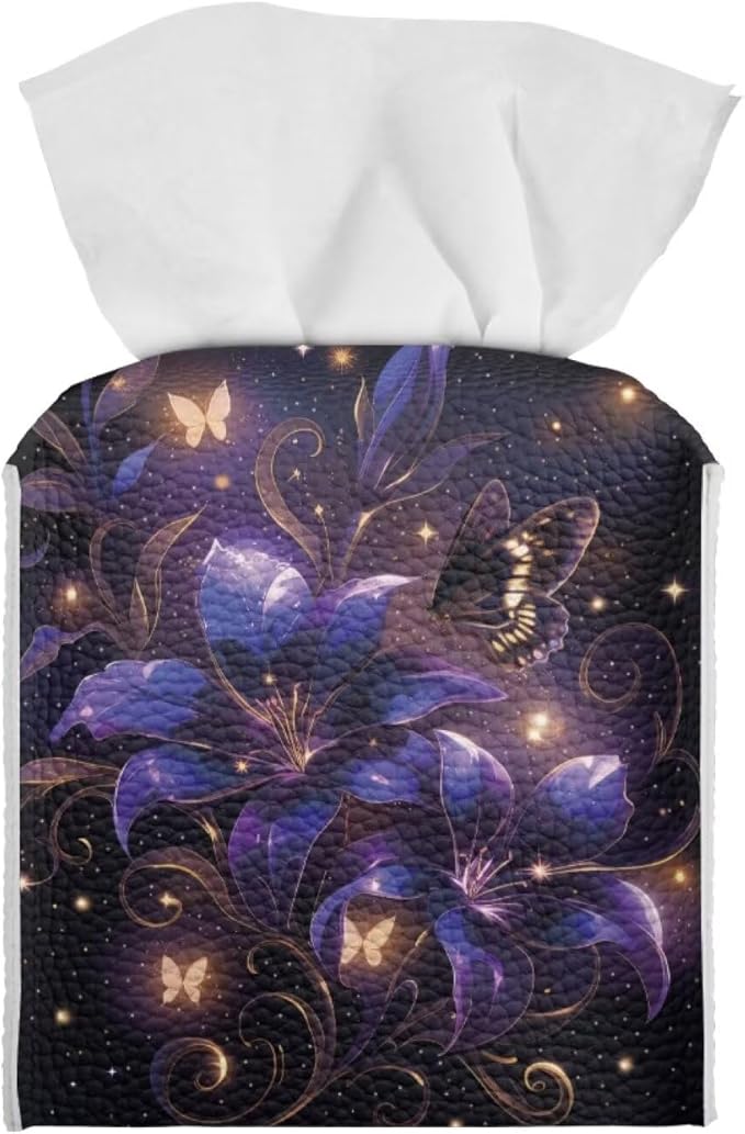 Purple Flower Tissue Box Holder Stylish Leather Square Tissue Box Cover with Top Handle Waterproof Napkin Case Holder Home Office Bathroom Decor