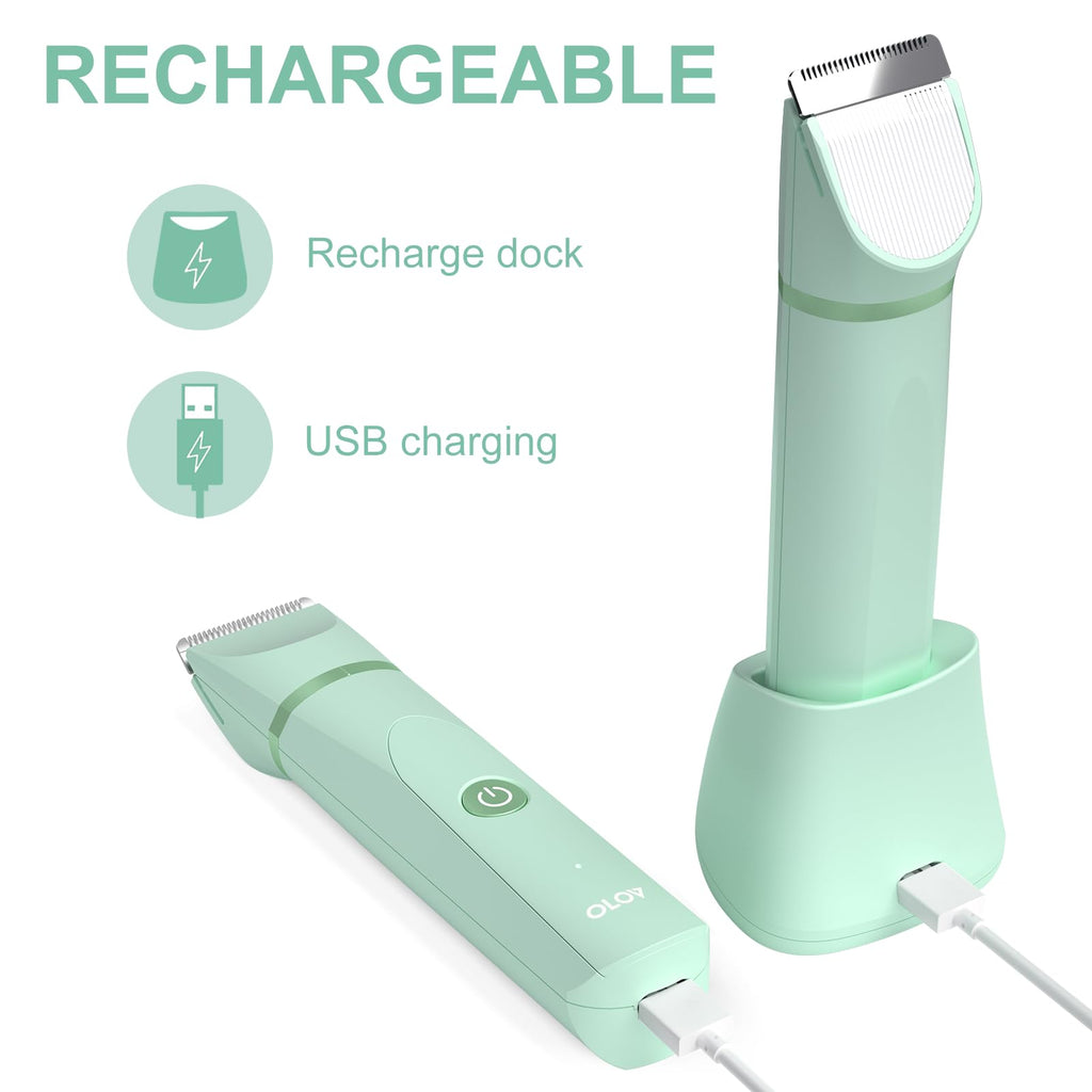 OLOV Electric Body Hair Trimmer - Groin Trimmer for Men - Bikini Trimmer Women - Wet/Dry Shaver Groomer, Replaceable Ceramic Blade Heads, USB Recharge Dock, Waterproof Hygiene Razor, Green