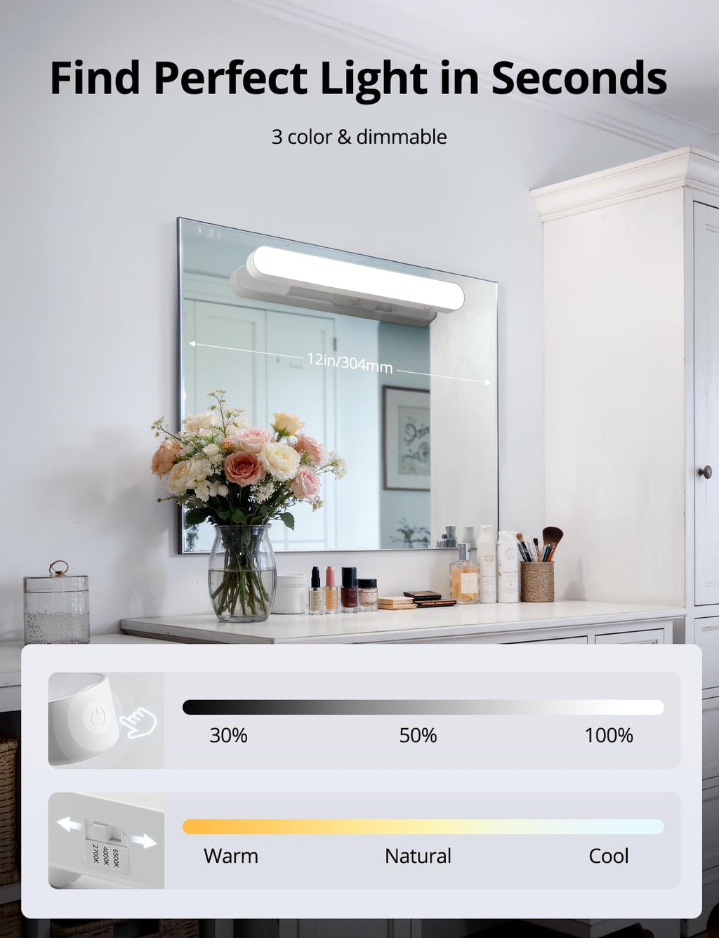 Combuh 2 Pack Battery Operated Bathroom Mirror Lights Bar for Vanity Stick on, Rechargeable 14 Days Extended Battery Life Bright Make up Lighting Cordless 360° Adjustable Luces para Espejo for Desk