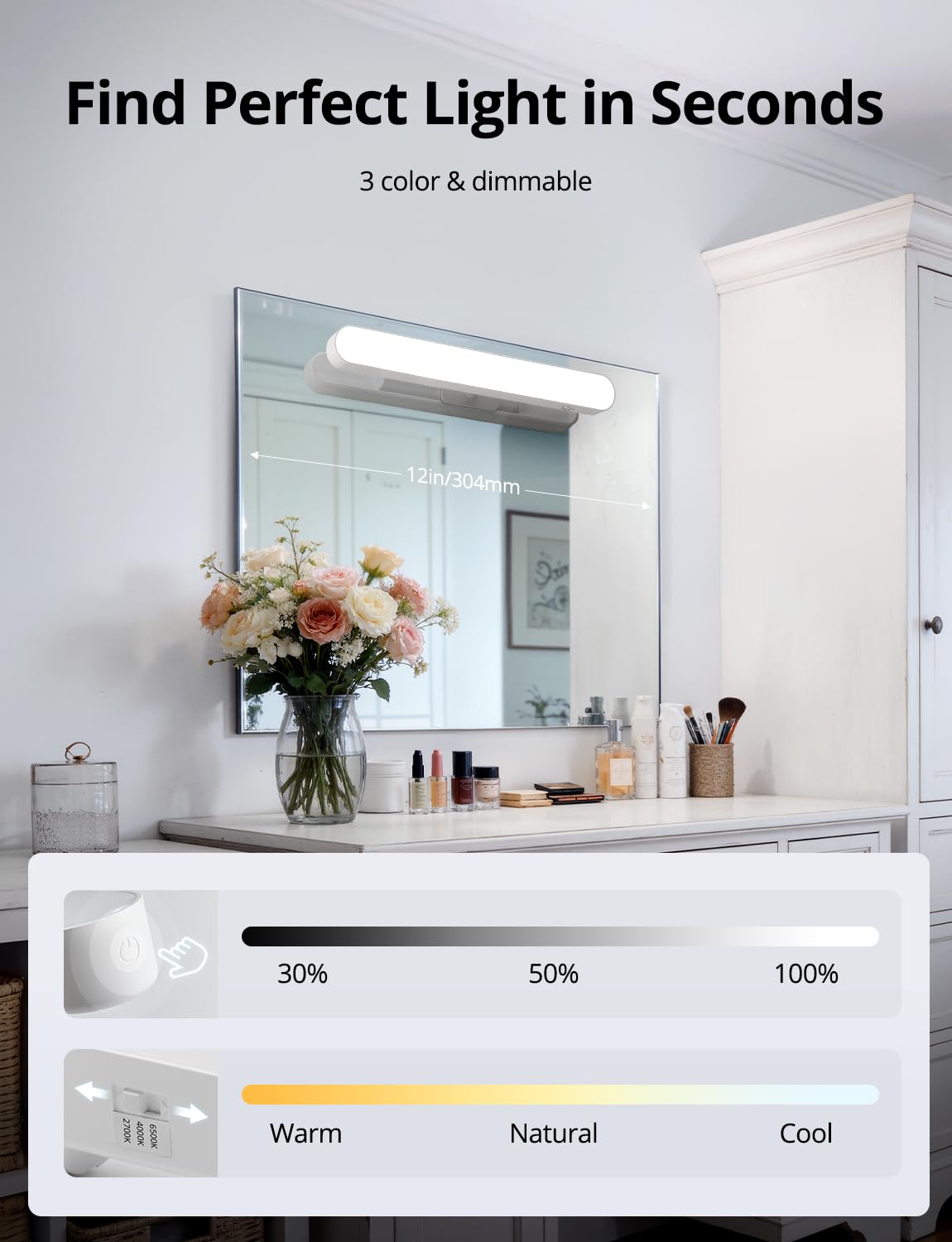 Combuh 2 Pack Battery Operated Bathroom Mirror Lights Bar for Vanity Stick on, Rechargeable 14 Days Extended Battery Life Bright Make up Lighting Cordless 360° Adjustable Luces para Espejo for Desk