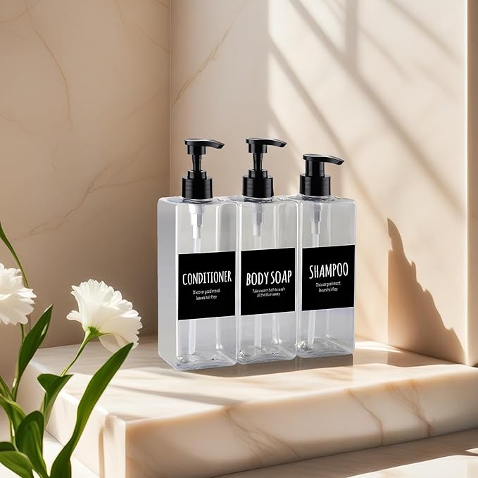 Shampoo and Conditioner Dispenser - Shower Soap Dispenser -16.9 Fluid Ounce Set, 3 Plastic Bottles and Black Pump - Shower Soap Dispenser, Suitable for Bathroom Refillable Dispenser