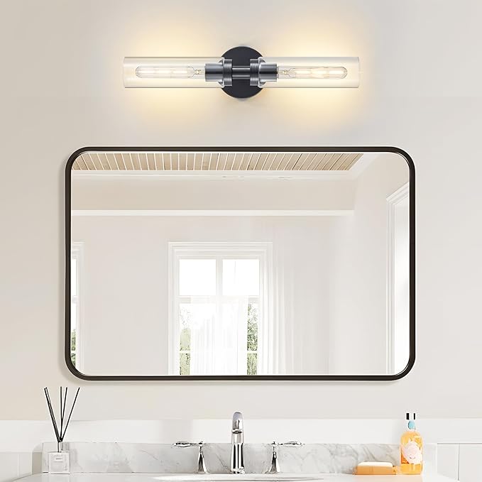 2-Light Black Bathroom Light Fixtures Over Mirror Modern Farmhouse Vanity Light Wall Lighting with Clear Glass Shade for Bathroom, Bedroom, Hallway, Cabinet