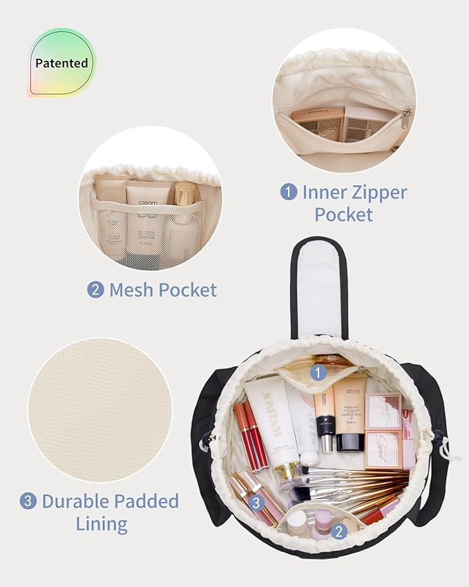 Narwey Lay Flat Open Drawstring Puffer Makeup Bag, Large Quilted Cosmetic Bag for Women Girls, Cute Make up Bags with Handle, Travel Toiletry Bag for Skincare, Brushes & Travel Essentials (Black)