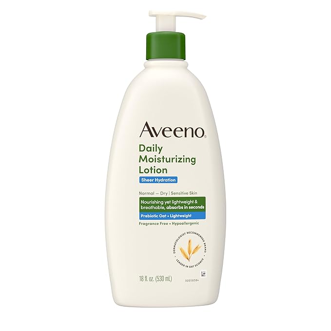 Aveeno Daily Moisturizing Sheer Hydration Fragrance-Free Lotion with Prebiotic Oat for Dry Skin, Lightweight, Non-Greasy and Fast-Absorbing Body Lotion Nourishes Skin with 48-Hour Moisture, 18 Fl Oz