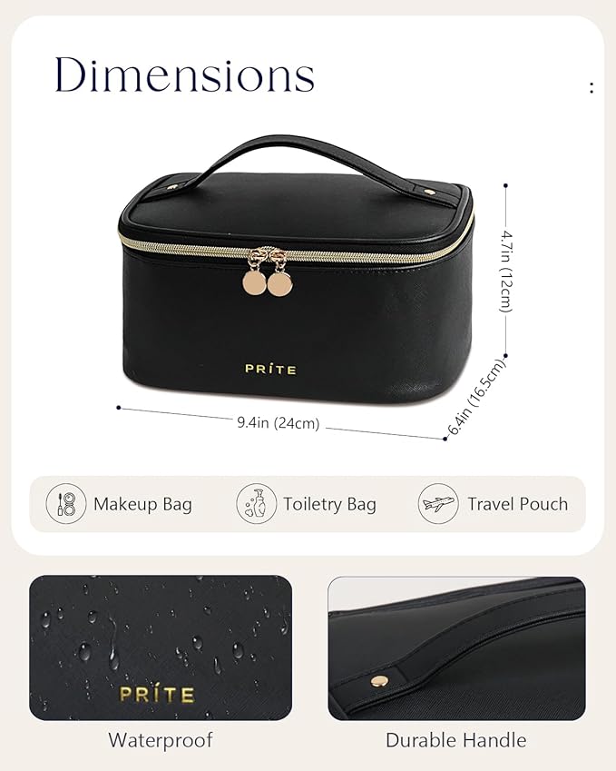 Prite Makeup Bag, Large Capacity Cosmetic Bag for Women and Girls, Waterproof PU Leather Travel Makeup Case, Toiletry Organizer with Handle and Divider for Skincare and Brushes - Black