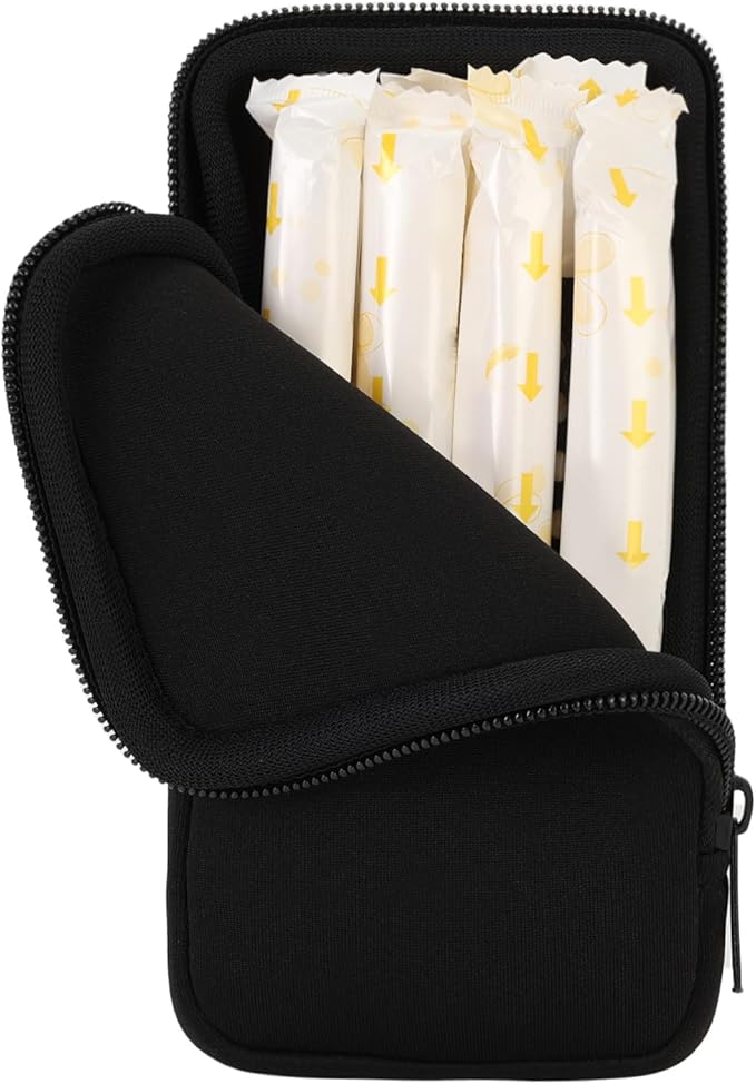 Koikyu Tampon Storage Bag, Neoprene Tampon Organizer Case with Zipper Small Pouch for Feminine Products Portable Period Bags for Women,Ladies (Black)