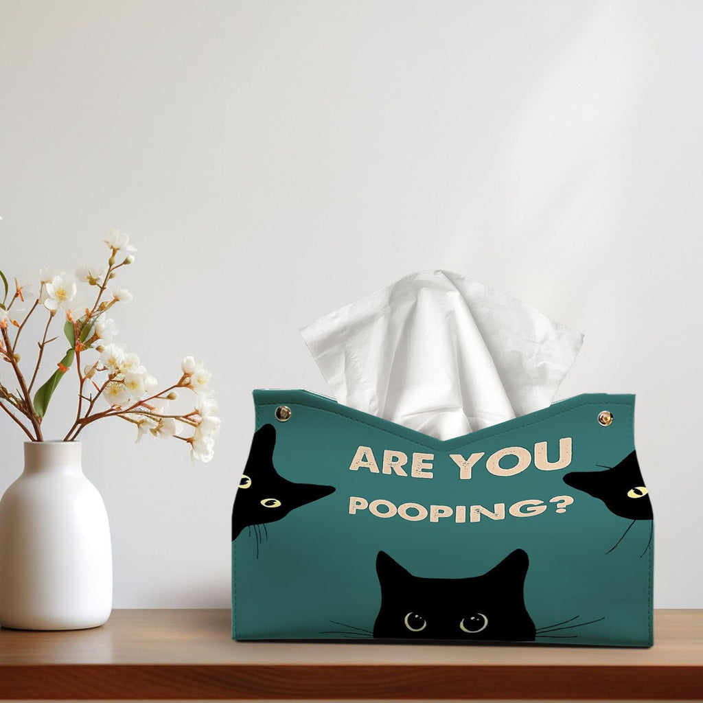 Funny Rectangle Tissue Box Cover for Bathroom, Cute Cat Tissue Box Holder, are You Pooping Funny Bathroom Decor, Vintage Green PU Facial Paper Case Cats Gifts for Cat Mom Women 9.8x5.9x5.9