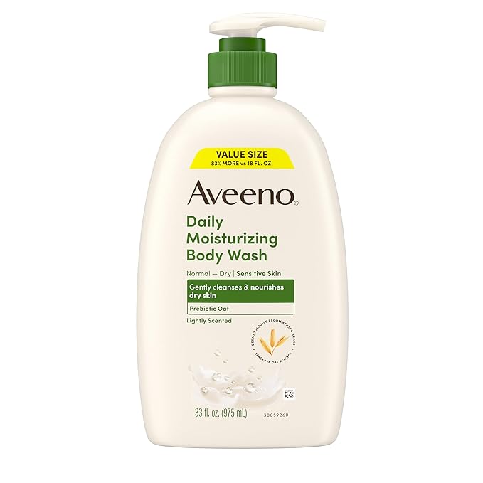 Aveeno Daily Moisturizing Body Wash for Normal to Dry Skin, Sensitive Formula with Prebiotic Oat, Gently Cleanses Dry Skin, Lightly Scented Body Wash for Women and Men, Value Size 33 fl. Oz
