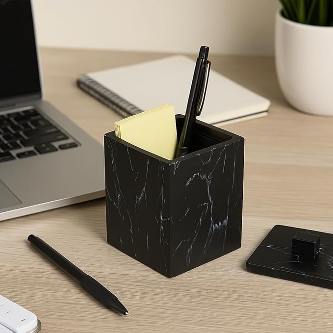 Jung Ford 2-Pack Marble Pattern Cotton Swab Holders with Lids, Resin Bathroom Vanity Storage Jars, Square Qtip Containers for Cotton Balls, Pads, and More (Black)