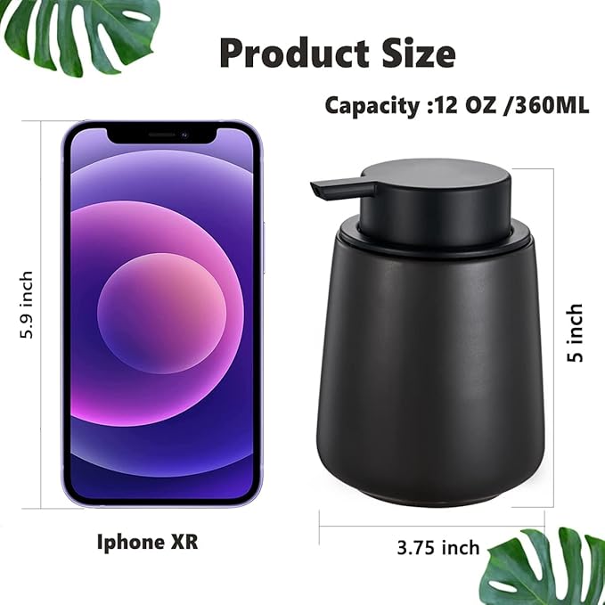 12Oz Hand Soap Dispenser Set - 2 Pack Ceramic Lotion Soap Dispenser Set with Easy-to-Press Black Pump, Refillable Mordern Liquid Dish Soap Dispensers for Bathroom & Kitchen (Black, Liquid Pump)