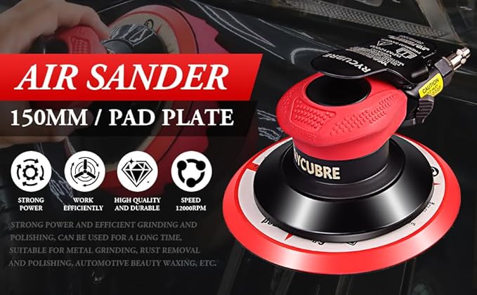 Rycubre pneumatic Air Sander 5/6 Inch DA Palm Sander for auto body, High Speed Random Orbital Sander for Woodworking & Auto Polishing (6 Inch)