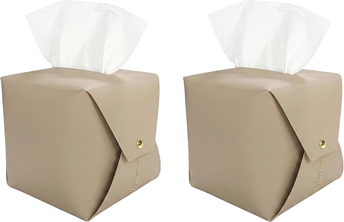 Frayot 2 Pack Tissue Box Cover Square, Faux Leather Tissue Holder Organizer with Side Snap for Bathroom, Vanity, Tabletop, Office (Light Taupe)