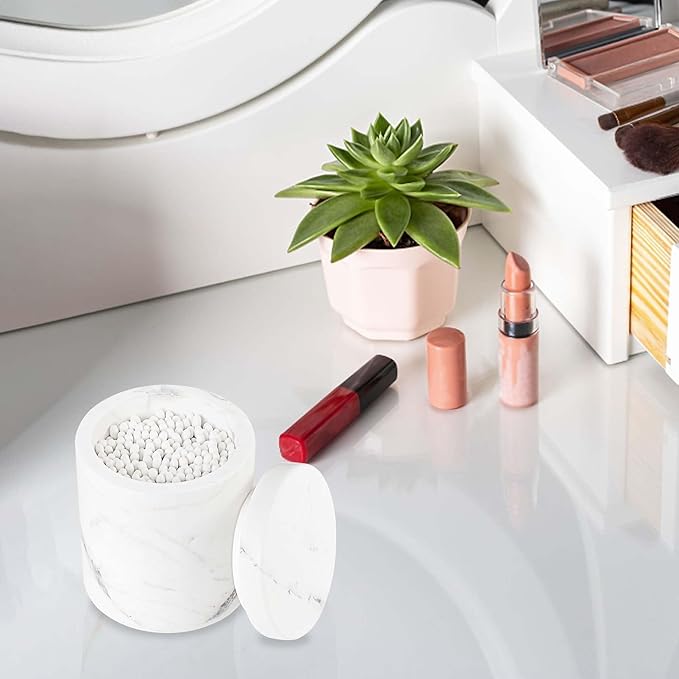 N NANSHOP Natural Marble Canister, Cotton Swab Holder with Lid, High Capacity Bathroom Qtip Holder Storage for Cotton Swab, Floss Picks, Makeup Pad, Bath Salt, Jazz White(NS020)