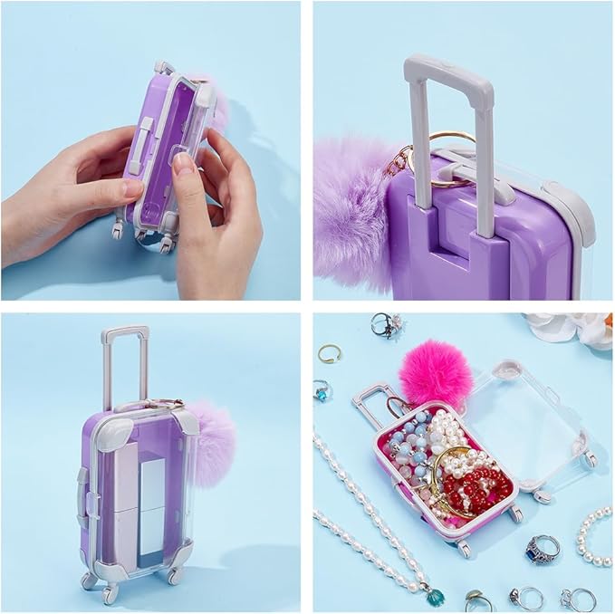 SOFPLATE 6Pcs Mini Suitcase Box Empty Candy Boxes Small Tiny Plastic Cosmetic Luggage Colorful Plush Fur Ball Keychain Reusable Gift Holder Storage Case for Eyelashes Candy Makeup False Lash Travel