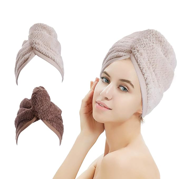M-bestl 2 Pack Hair Drying Towels,Hair Wrap Towels,Absorbent Microfiber Hair Towel Turban with Button Design to Dry Hair More Quicker（Coffee&Khaki）