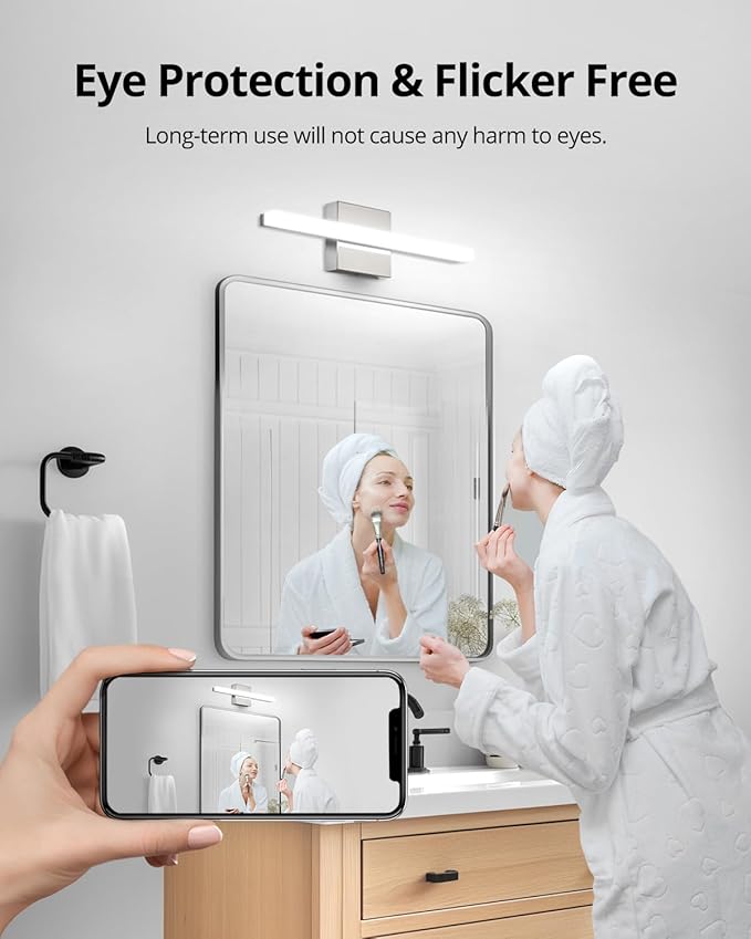 Combuh Dimmable Vanity Light Bar, 9W Over Mirror Lighting Fixture Wall Sconce Indoor, IP44 Modern Cool White 6000K Chrome Lamp Bathroom,16Inch