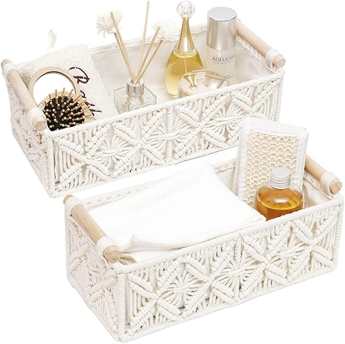 Macrame Storage Basket Boho Decor Baskets for Organizing Woven Decorative Basket for Countertop Toilet Paper Basket for Toilet Tank Top Shelf Basket with Handle for Bathroom Decor Nursery (Set of 2)