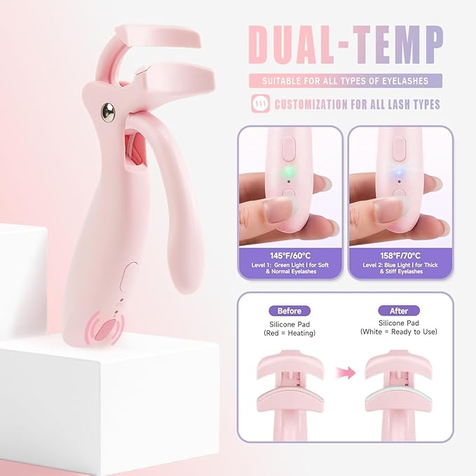 Pinkiou Heated Eyelash Curler for Women,Fast Heat up,Electric Eyelash Curler with Color-Changing Silicone Pad & Overlay Heating, USB-C Rechargeable,2 Temperature Control,Long-Lasting Lash Curler