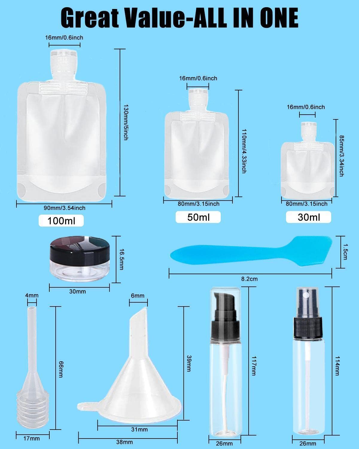 SEQUHITKU 17 Pack Travel Pouches for Toiletries,TSA Approved,Portable Containers,Stand Up Pouch,Refillable Travel Accessories for Shampoo Conditioner Lotion Soap Liquids (A-17pcs)